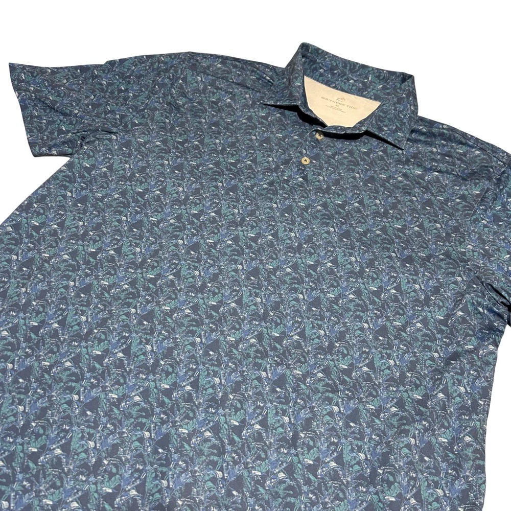 Southern Tide Polo Shirt Mens XL Blue Tropical Floral Performance Stretch 1220